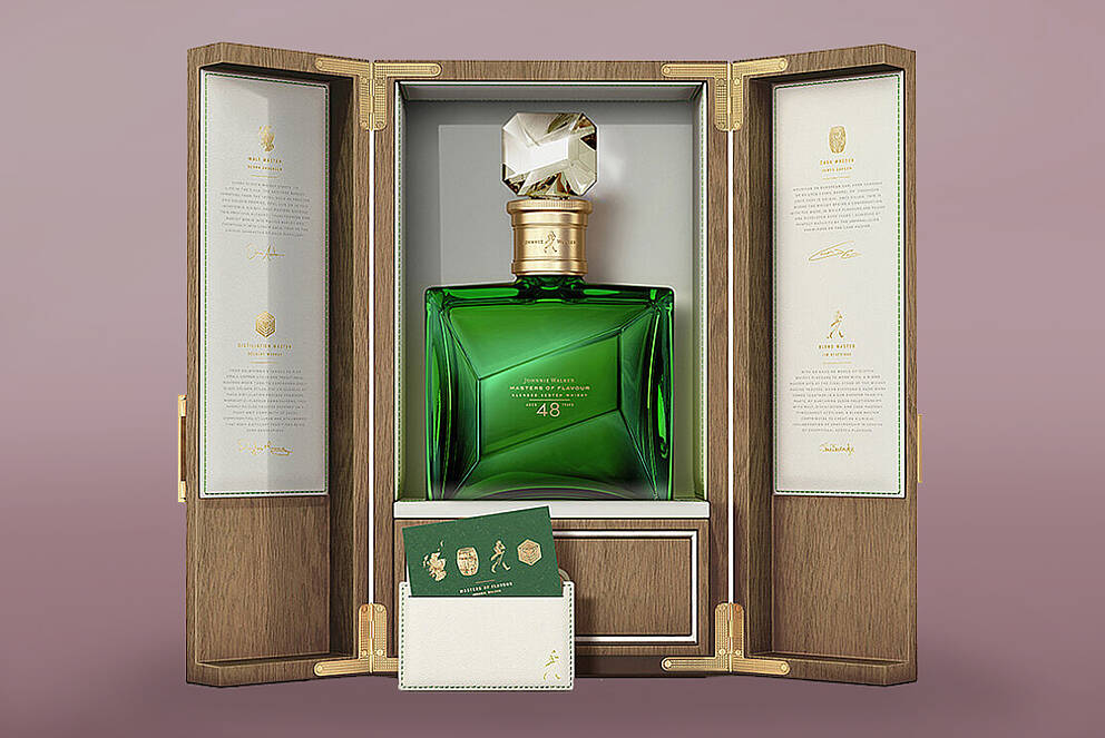 Johnny Walker setzt auf vergoldete Oberflächenveredelung Johnny-Walker-Spezialedition: goldene Umverpackung & goldenes Etikett