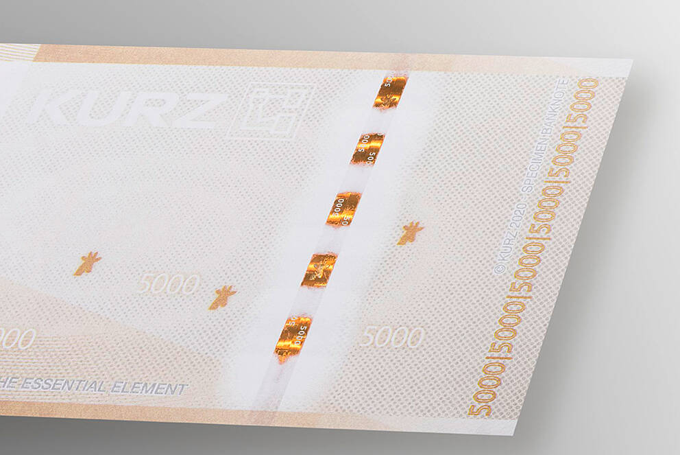 Manipulationssichere KINEGRAM® für Banknotendruckereien Banknote mit orangenem Sicherheitsstreifen für Hochsicherheit
